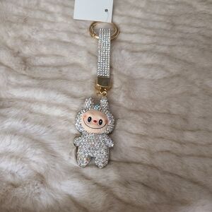Sparkling Keychain Cute Labubu Adoened With Pink Crystals And Attavhed Wristlet